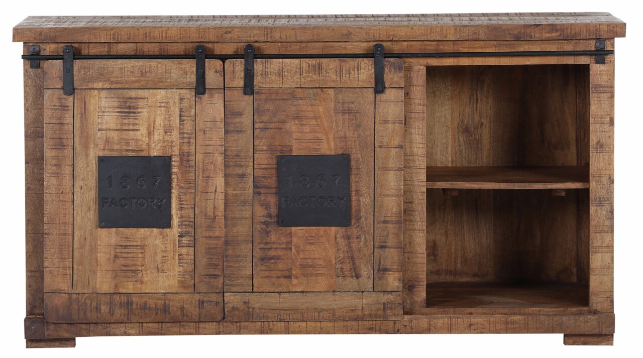 Rustikales Sideboard aus Holz mit Schiebetüren und Metallakzenten, Frontalansicht