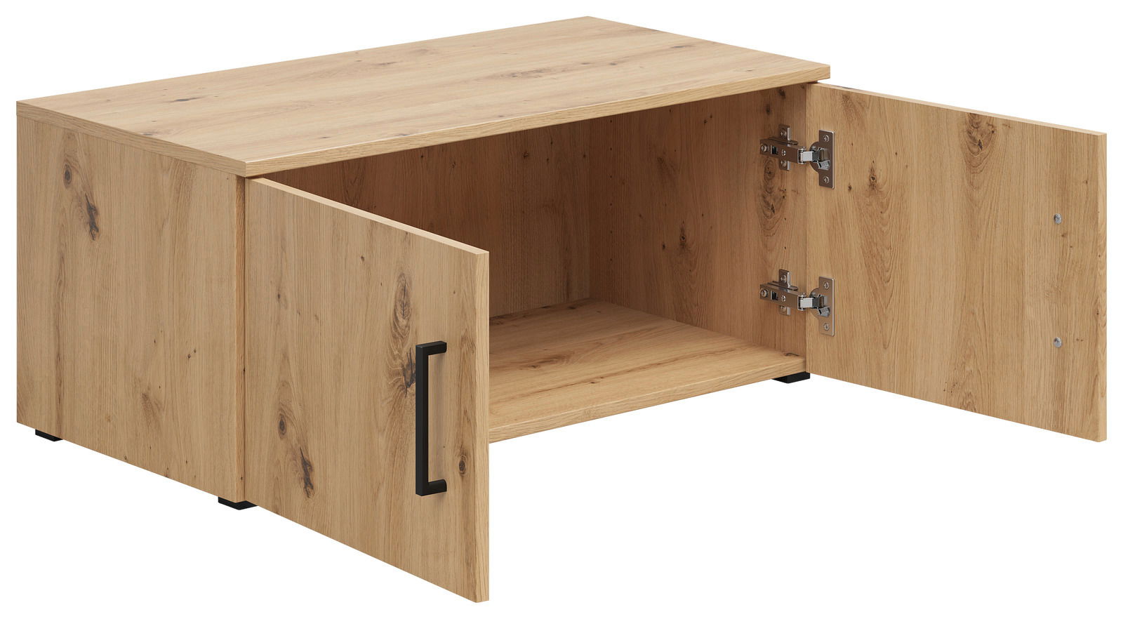 Holz-Aufsatzschrank mit zwei offenen Türen, seitliche Perspektive