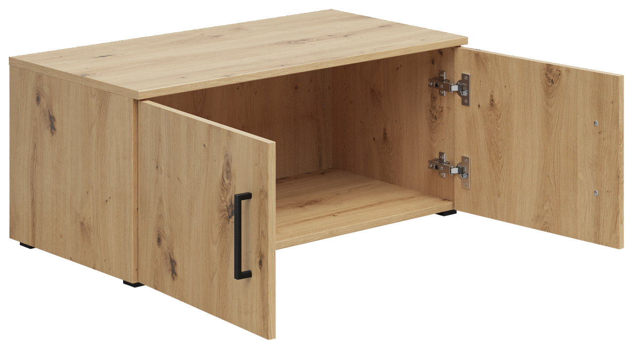 Holz-Aufsatzschrank mit zwei offenen Türen, seitliche Perspektive