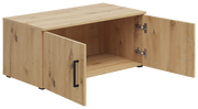 Holz-Aufsatzschrank mit zwei offenen Türen, seitliche Perspektive