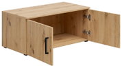 Holz-Aufsatzschrank mit zwei offenen Türen, seitliche Perspektive