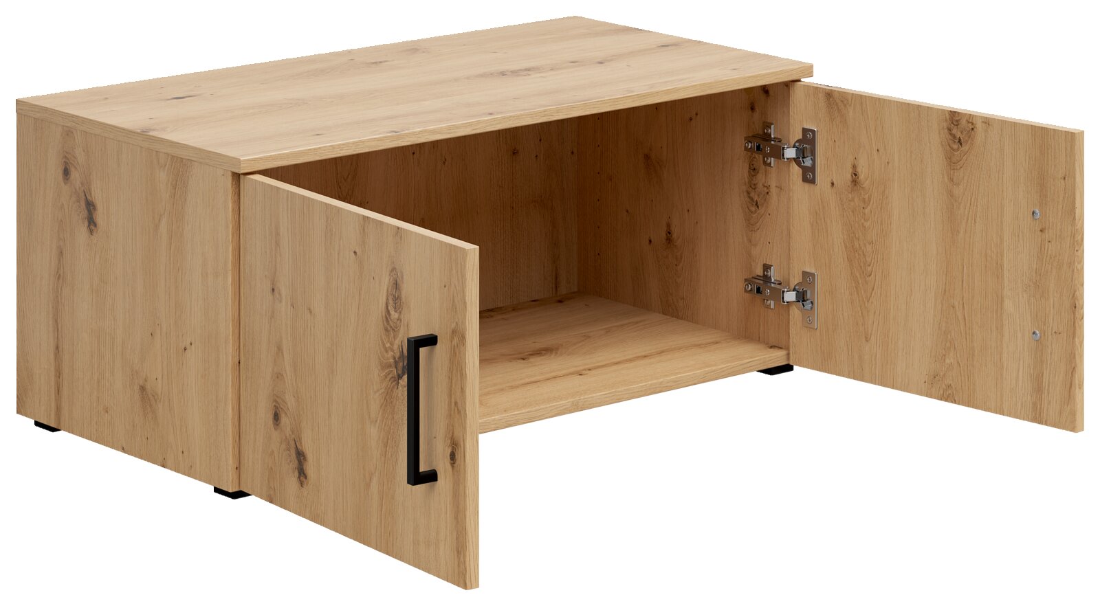 Holz-Aufsatzschrank mit zwei offenen Türen, seitliche Perspektive