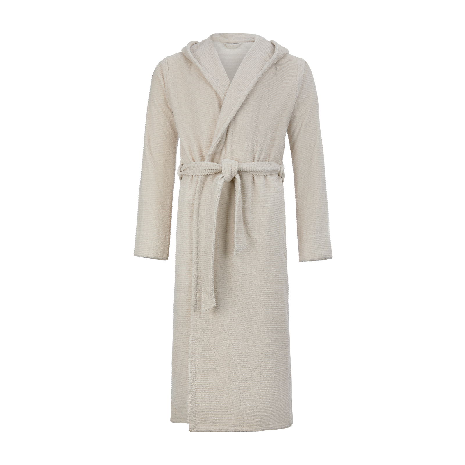 Beiger Kapuzenbademantel in Größe XL, frontal abgebildet mit Gürtel.
