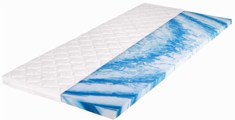 Gelschaumtopper in seitlicher Perspektive mit weißer Oberseite und blauer, marmorierter Unterseite.