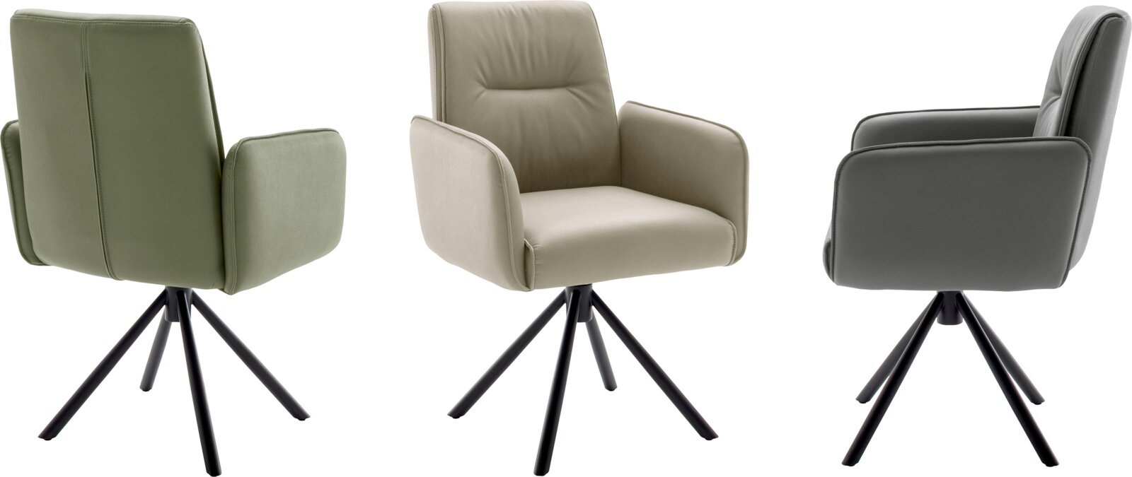 Moderne gestoffeerde draaifauteuil met hoge rugleuning, armleuningen en zwart metalen steronderstel, getoond in voor-, achter- en zijaanzicht in beige, groen en antraciet