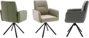 Moderne gestoffeerde draaifauteuil met hoge rugleuning, armleuningen en zwart metalen steronderstel, getoond in voor-, achter- en zijaanzicht in beige, groen en antraciet