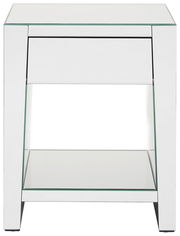 Moderne weiße Nachtkommode mit Glasoberfläche und Schublade, Frontalansicht