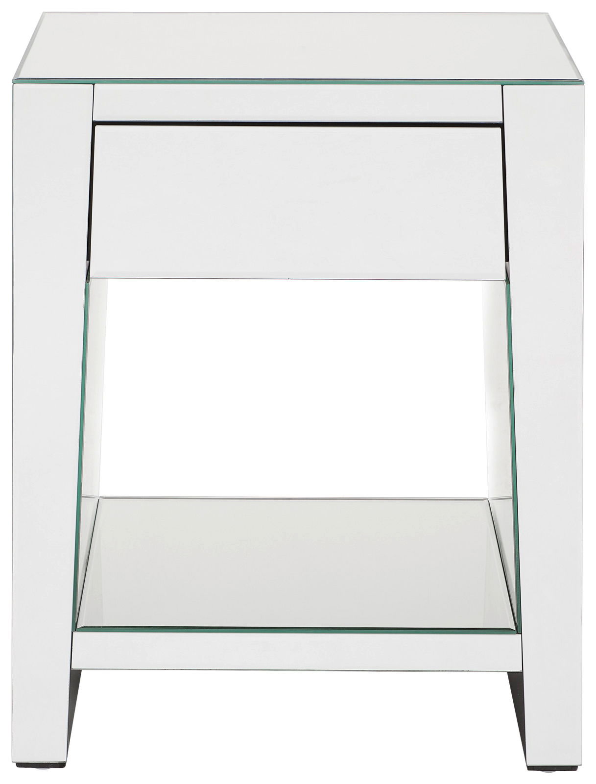 Moderne weiße Nachtkommode mit Glasoberfläche und Schublade, Frontalansicht