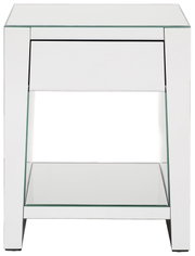 Moderne weiße Nachtkommode mit Glasoberfläche und Schublade, Frontalansicht
