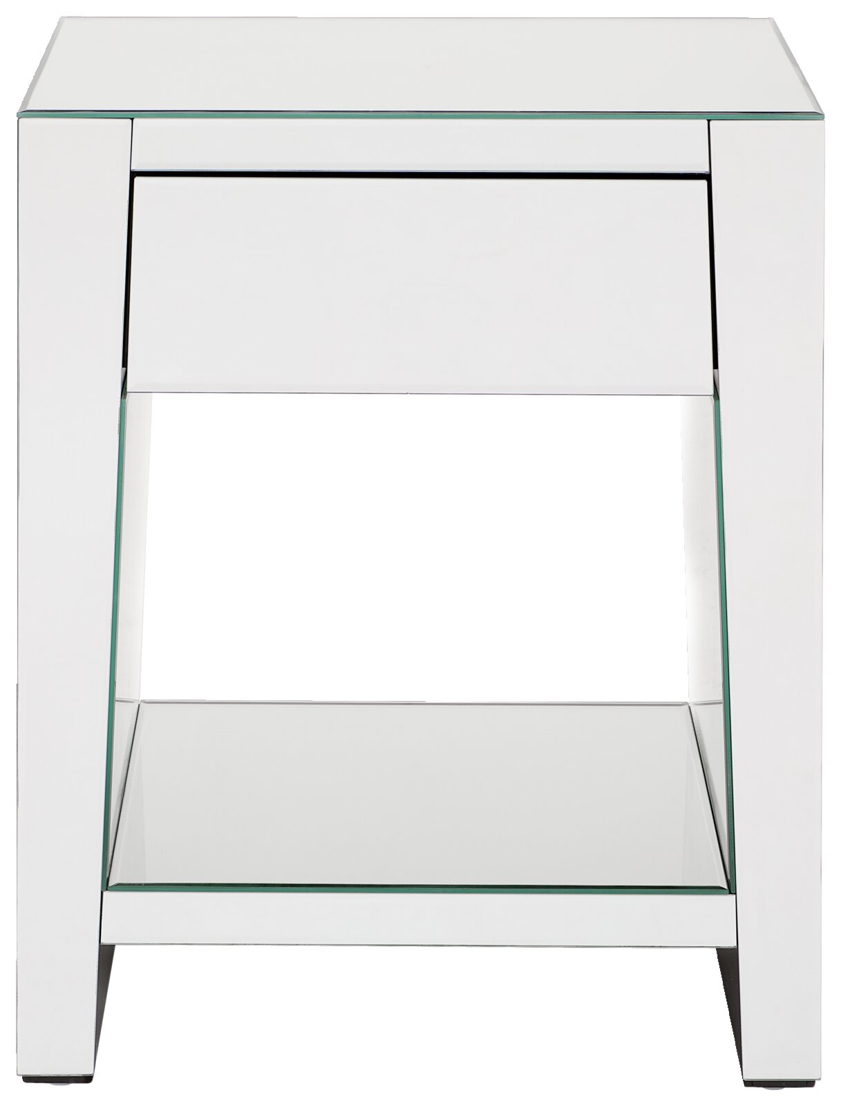 Moderne weiße Nachtkommode mit Glasoberfläche und Schublade, Frontalansicht