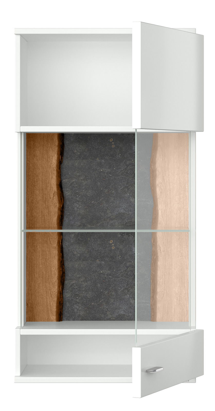 Hängevitrine mit weißem Rahmen, zwei offenen Türen und Glasfront, aus der rechten Perspektive betrachtet.