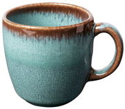 Kaffeetasse Lave 190ml in Türkis, seitliche Ansicht mit braunem Rand und Henkel