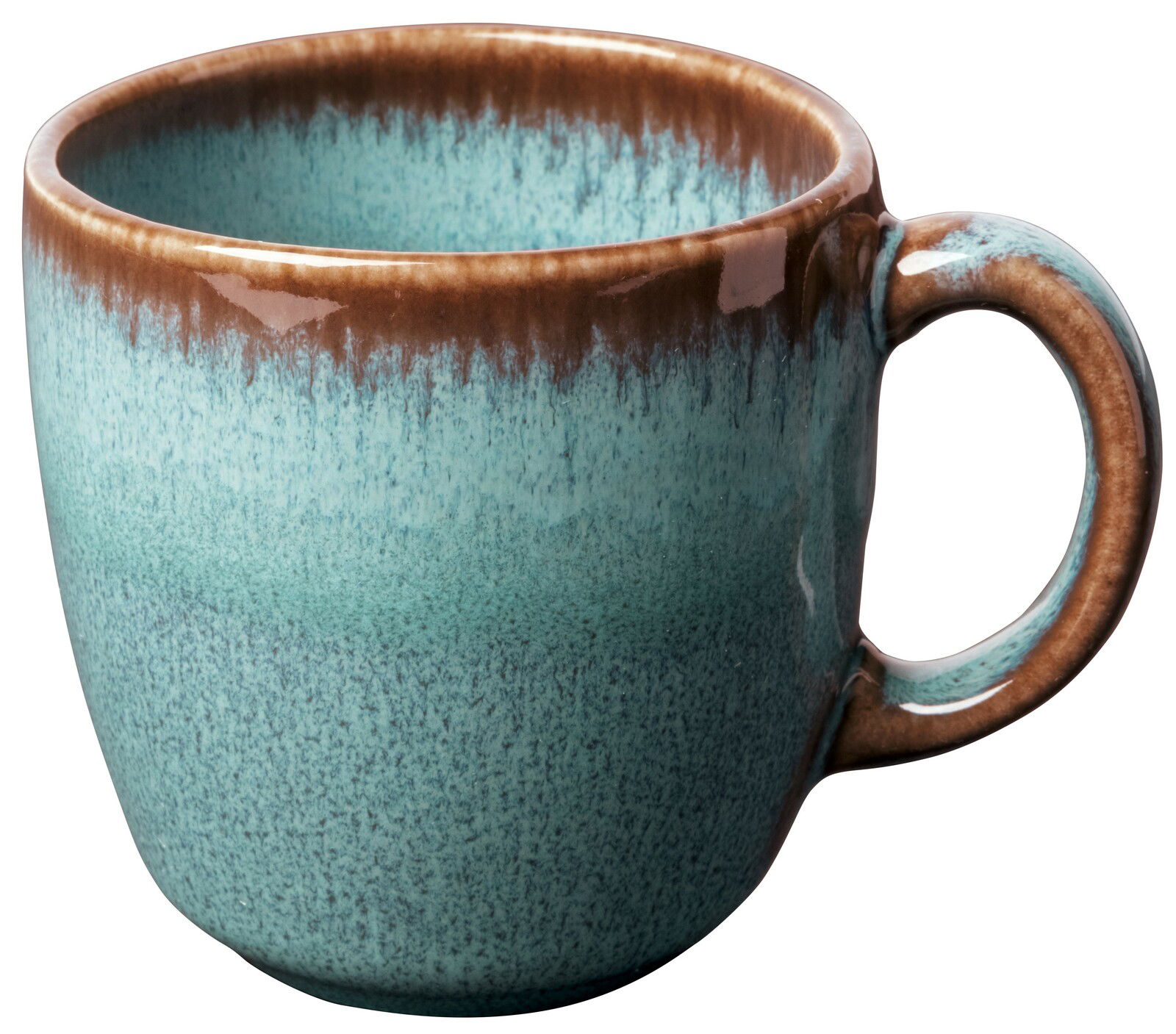 Kaffeetasse Lave 190ml in Türkis, seitliche Ansicht mit braunem Rand und Henkel