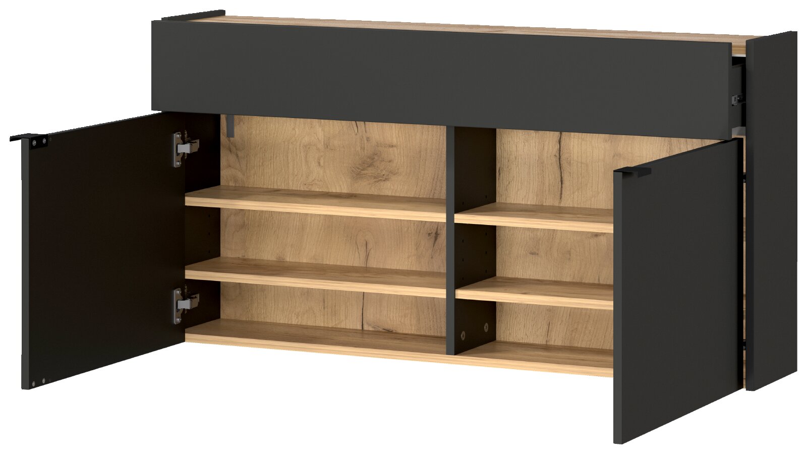 Moderner Sideboard-Schrank in Anthrazit und Eiche-Optik mit geöffneter Schublade, zwei offenen Türen und mehreren Einlegeböden, aus schräger Frontansicht dargestellt