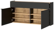 Moderner Sideboard-Schrank in Anthrazit und Eiche-Optik mit geöffneter Schublade, zwei offenen Türen und mehreren Einlegeböden, aus schräger Frontansicht dargestellt