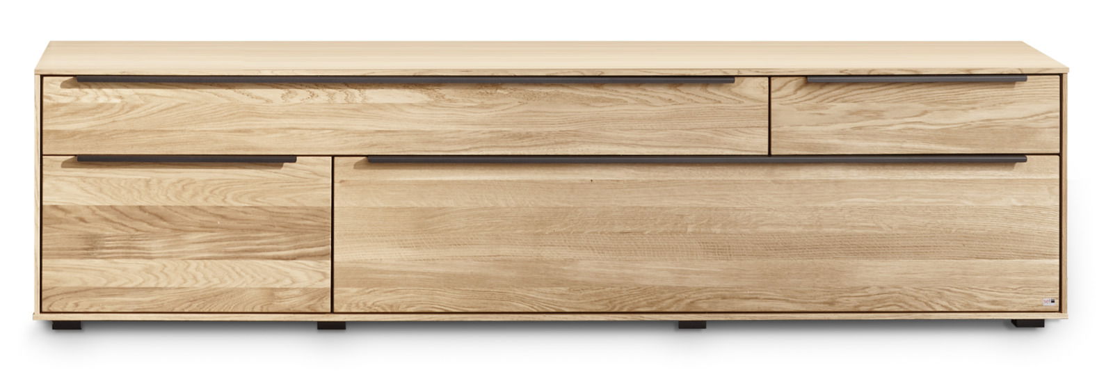 Großes TV-Lowboard aus hellem Holz mit zwei Schubladen und einer Tür, Frontansicht