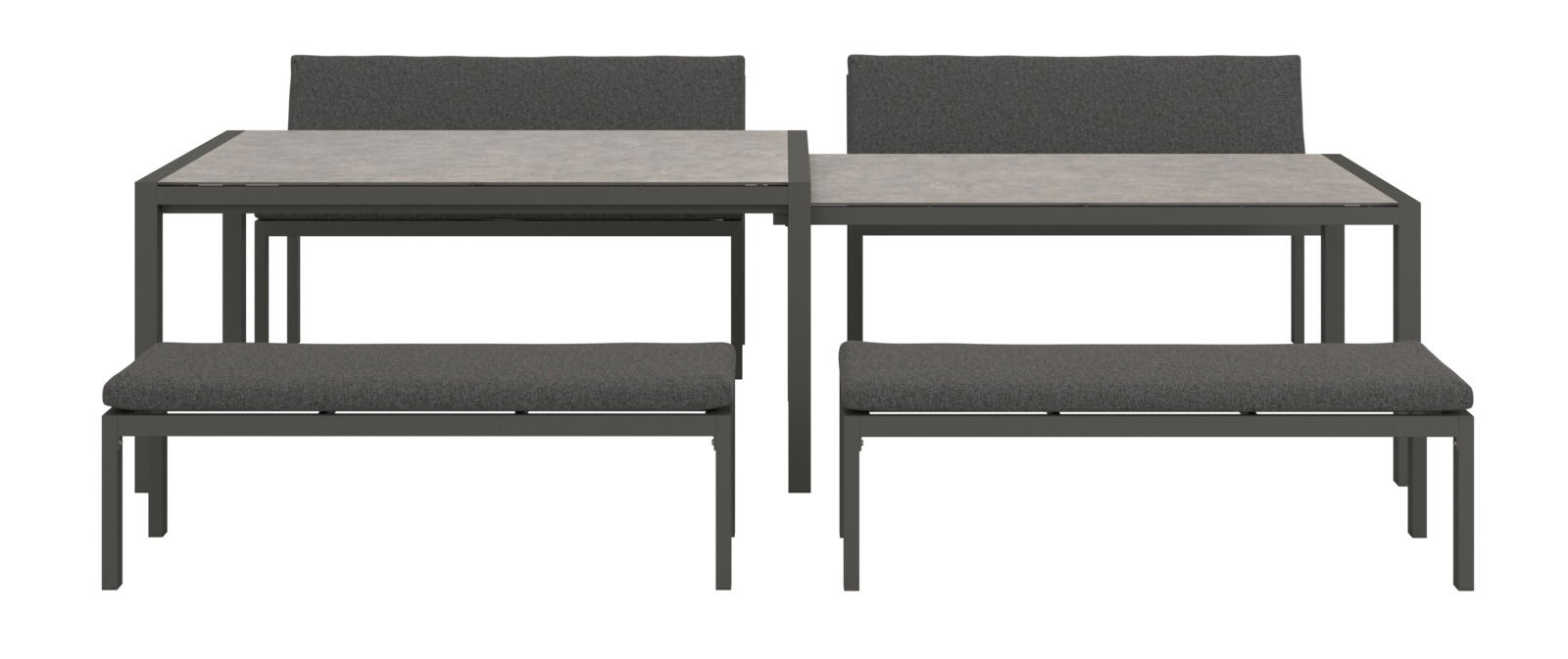 Frontansicht eines modernen Lounge-Bank-Sets mit grauen Polstern und Metallrahmen.