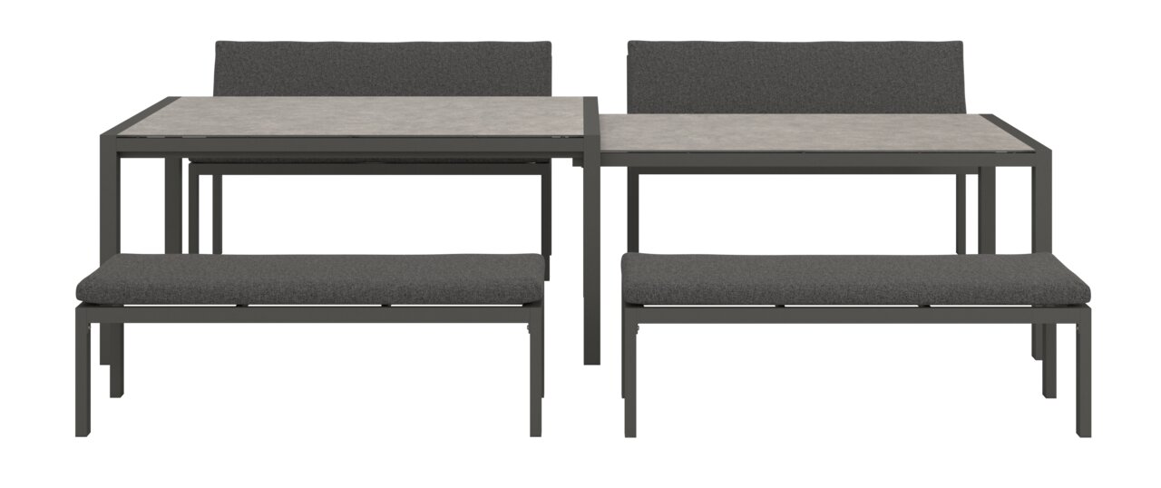 Frontansicht eines modernen Lounge-Bank-Sets mit grauen Polstern und Metallrahmen.