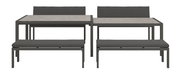 Frontansicht eines modernen Lounge-Bank-Sets mit grauen Polstern und Metallrahmen.