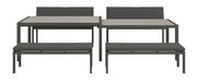 Frontansicht eines modernen Lounge-Bank-Sets mit grauen Polstern und Metallrahmen.