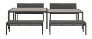 Frontansicht eines modernen Lounge-Bank-Sets mit grauen Polstern und Metallrahmen.