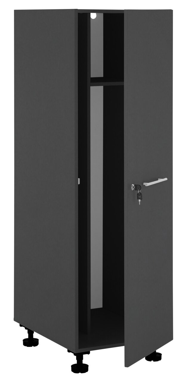 XORA Haushaltschrank PRIMUS Schwarzer Haushaltschrank mit geöffneter Tür, seitliche Perspektive, zeigt Innenraum mit einem Regalbrett und Schlüssel im Schloss.