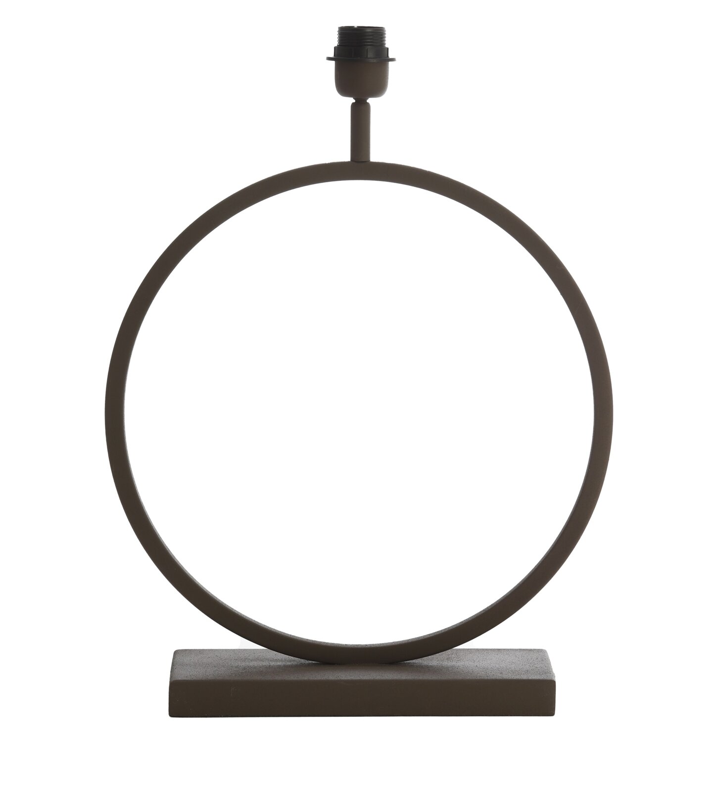 Moderne Tischlampen-Basis in Ringform aus dunkelbraunem Metall mit rechteckigem Standfuß und E27-Fassung oben, freigestellt auf weißem Hintergrund, Frontansicht