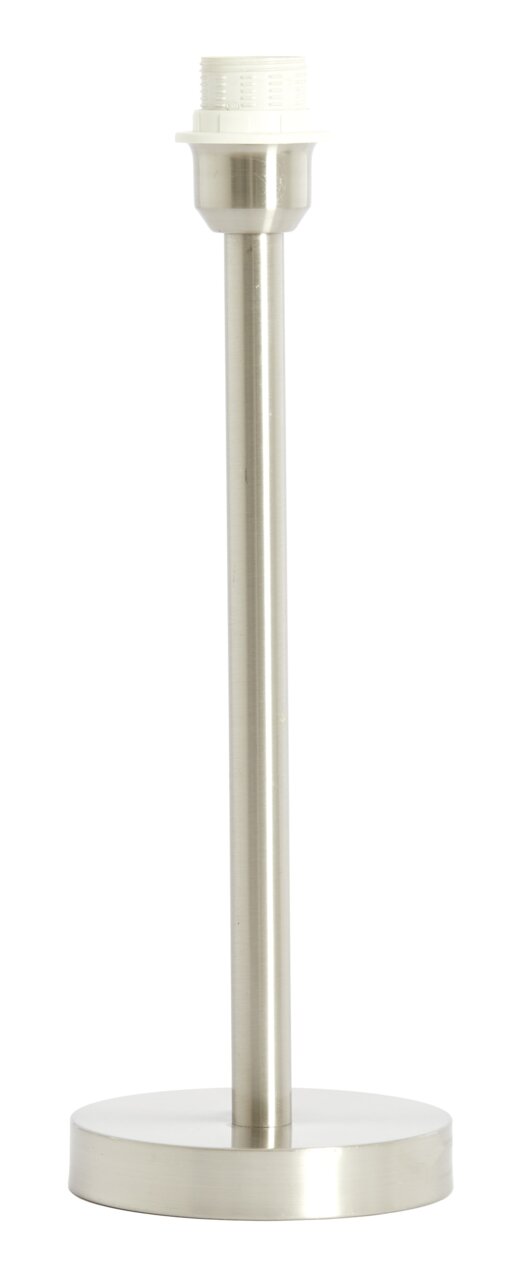 Moderne lampvoet van metaal in zilverkleur, cilindrische vorm met ronde voet, zijaanzicht.