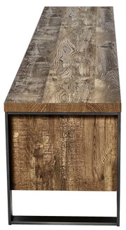 TV-Möbel aus Holz mit Metallrahmen, seitliche Perspektive