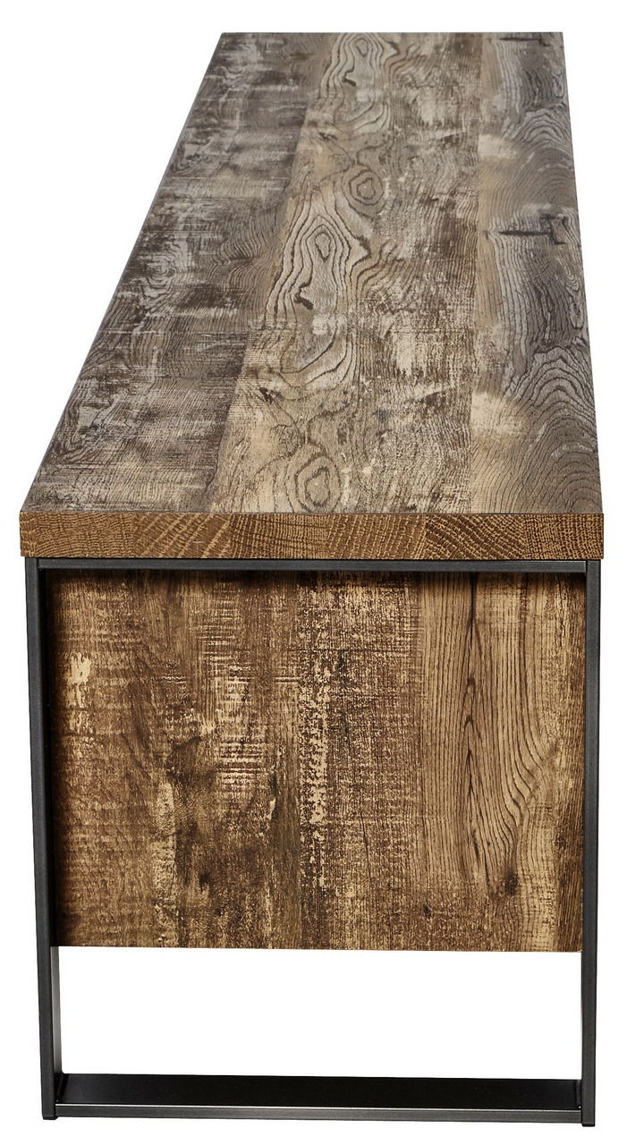 TV-Möbel aus Holz mit Metallrahmen, seitliche Perspektive