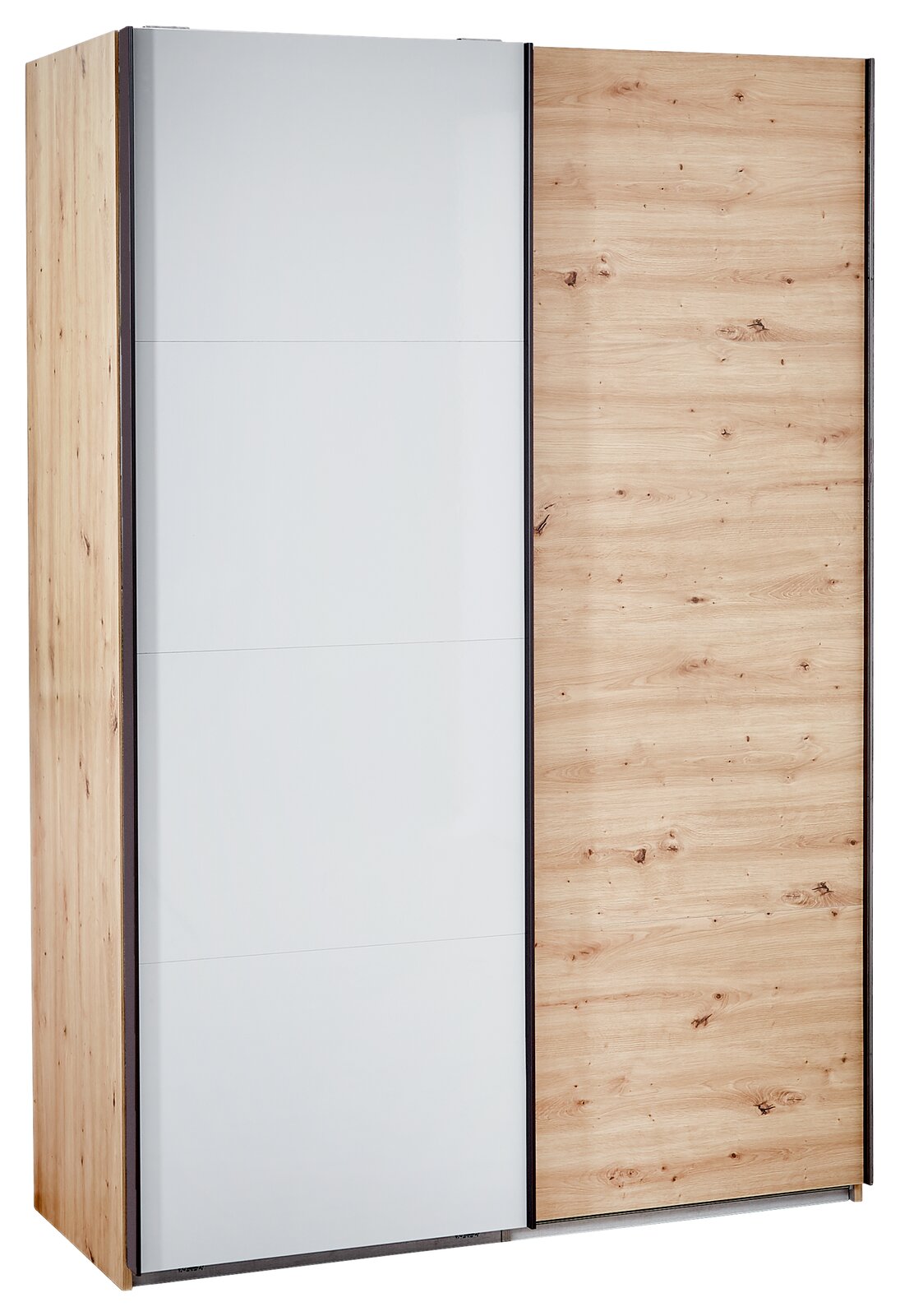 XORA Schwebetürenschrank MALO Schwebetürenschrank mit einer Kombination aus weißer und holzfarbener Tür, seitliche Perspektive