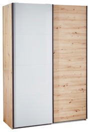 Schwebetürenschrank mit einer Kombination aus weißer und holzfarbener Tür, seitliche Perspektive