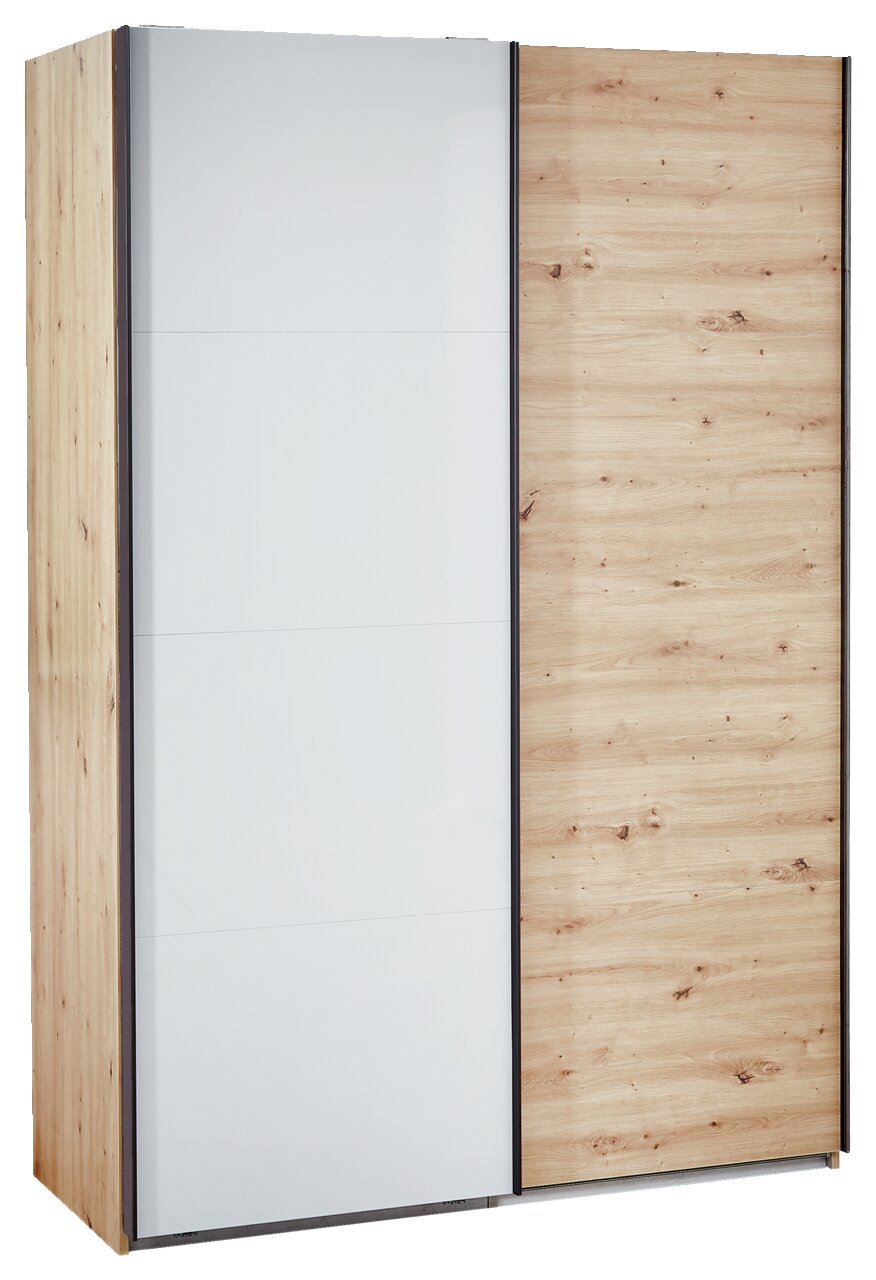 XORA Schwebetürenschrank MALO Schwebetürenschrank mit einer Kombination aus weißer und holzfarbener Tür, seitliche Perspektive