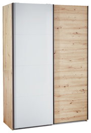 Schwebetürenschrank mit einer Kombination aus weißer und holzfarbener Tür, seitliche Perspektive