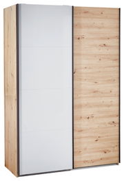 Schwebetürenschrank mit einer Kombination aus weißer und holzfarbener Tür, seitliche Perspektive