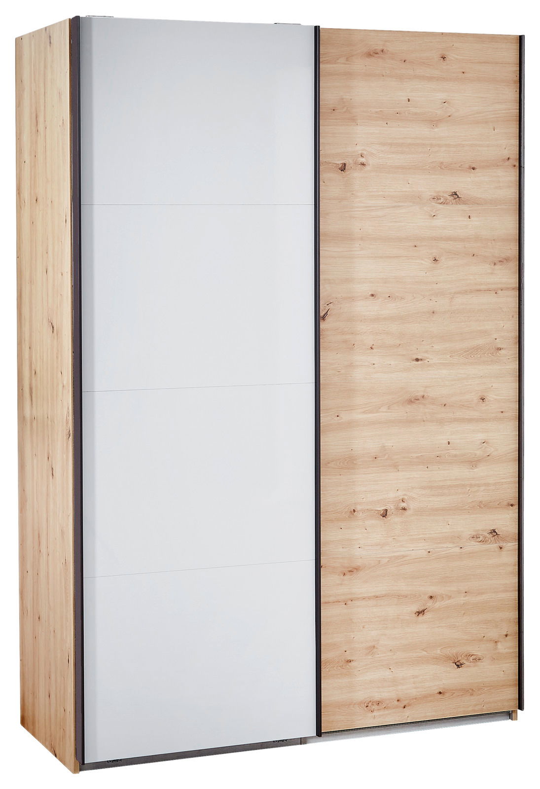 Schwebetürenschrank mit einer Kombination aus weißer und holzfarbener Tür, seitliche Perspektive