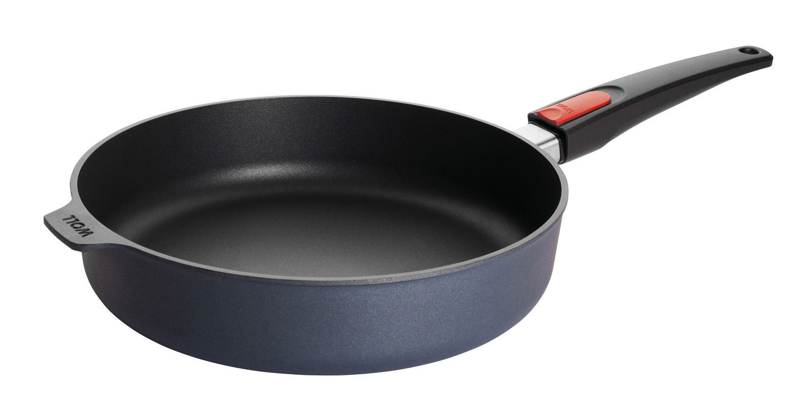 Guss-Hochrandpfanne 24cm Diamo mit schwarzem Griff, seitliche Perspektive