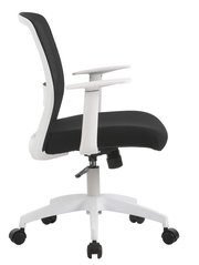 Moderner Drehstuhl in Seitenansicht mit schwarzem Sitz und Rückenlehne sowie weißen Armlehnen und Gestell.