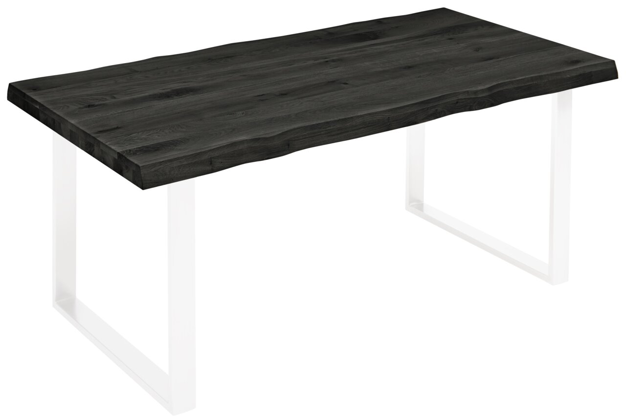 Dunkle Tischplatte mit natürlicher Holzmaserung und unregelmäßigen Kanten, auf weißen Metallbeinen, aus seitlicher Perspektive.