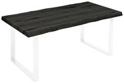Dunkle Tischplatte mit natürlicher Holzmaserung und unregelmäßigen Kanten, auf weißen Metallbeinen, aus seitlicher Perspektive.