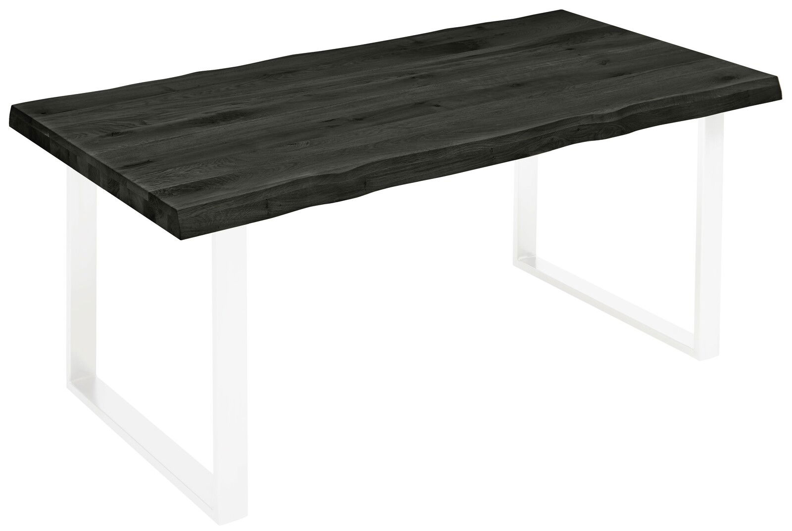 Dunkle Tischplatte mit natürlicher Holzmaserung und unregelmäßigen Kanten, auf weißen Metallbeinen, aus seitlicher Perspektive.