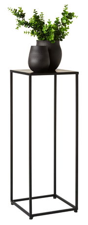 Moderner Beistelltisch mit schwarzem Metallgestell und zwei dekorativen Vasen mit grünen Pflanzen, seitliche Perspektive.
