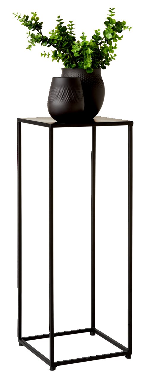 Moderner Beistelltisch mit schwarzem Metallgestell und zwei dekorativen Vasen mit grünen Pflanzen, seitliche Perspektive.