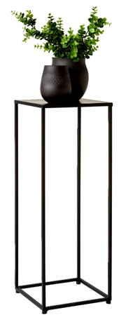 Moderner Beistelltisch mit schwarzem Metallgestell und zwei dekorativen Vasen mit grünen Pflanzen, seitliche Perspektive.