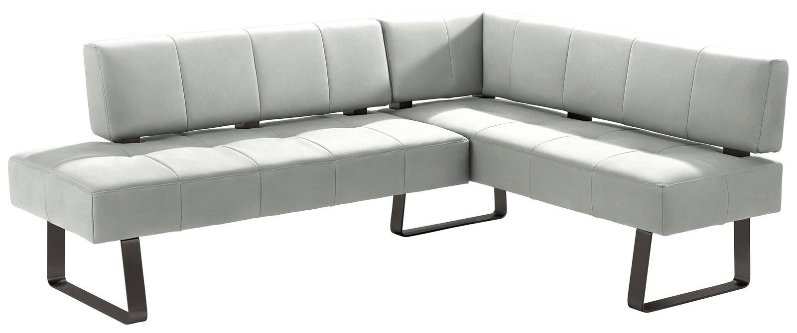 Eckbank in hellgrauem Stoff mit schwarzem Metallgestell, seitliche Perspektive