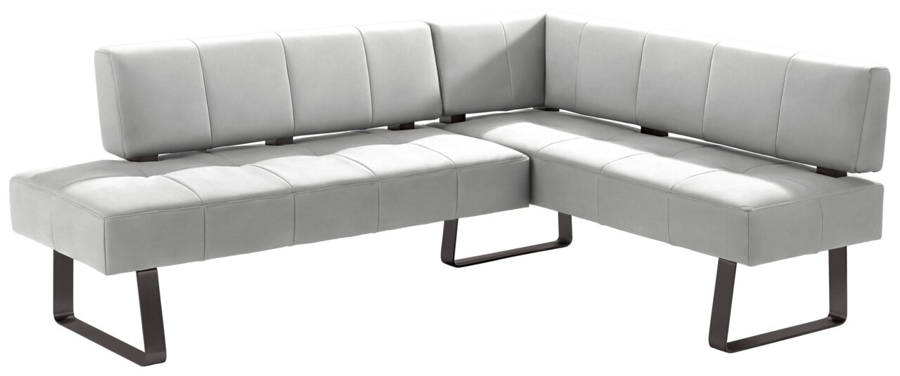 Eckbank in hellgrauem Stoff mit schwarzem Metallgestell, seitliche Perspektive