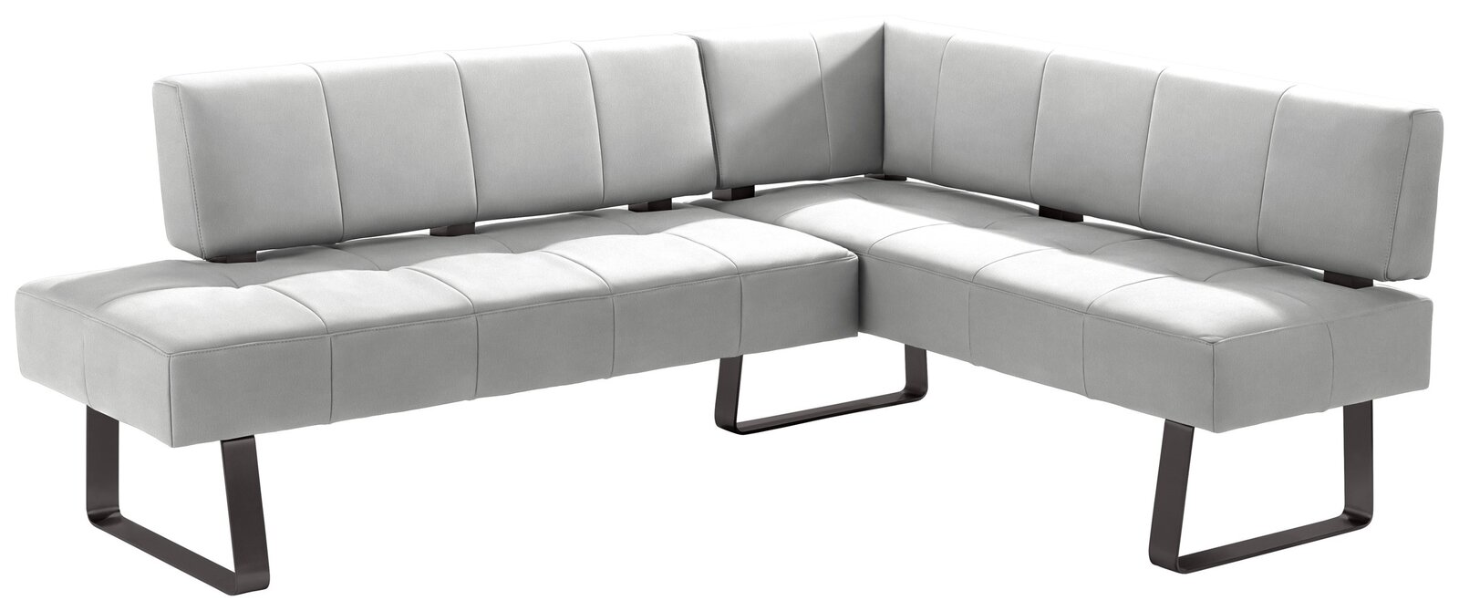 Eckbank in hellgrauem Stoff mit schwarzem Metallgestell, seitliche Perspektive