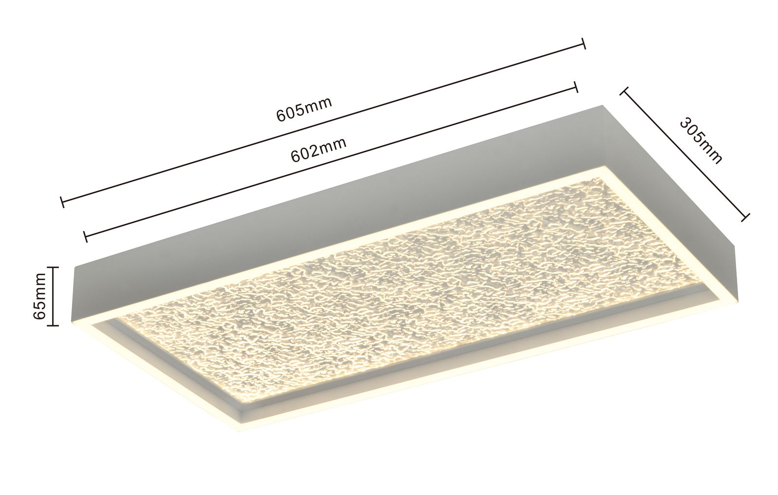 Rechteckige LED-Deckenleuchte mit strukturiertem Leuchtfeld, seitliche Perspektive, Maße: 605mm x 305mm x 65mm