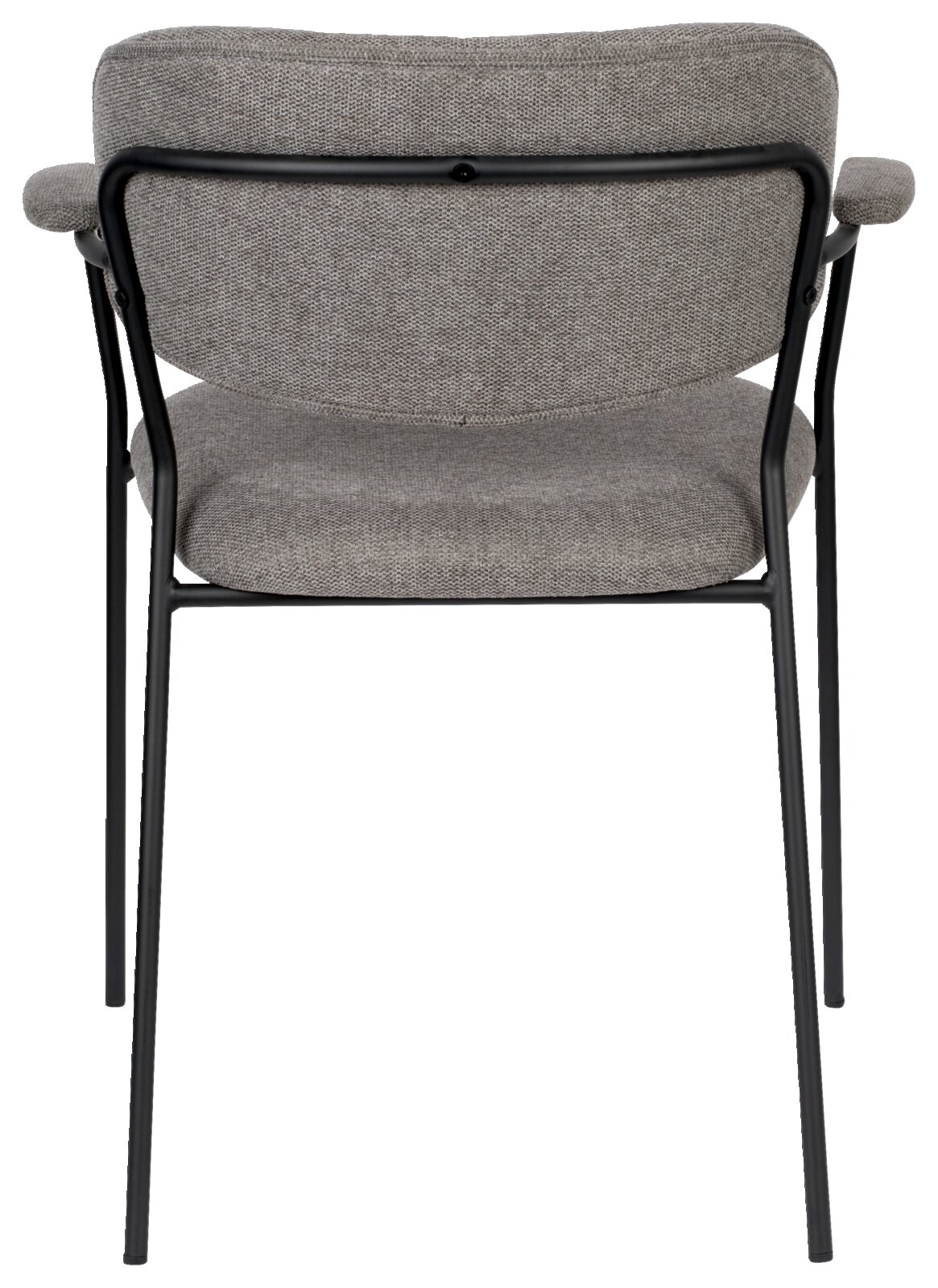 Rückansicht eines grauen Armlehnenstuhls mit schwarzem Metallrahmen