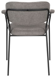 Rückansicht eines grauen Armlehnenstuhls mit schwarzem Metallrahmen